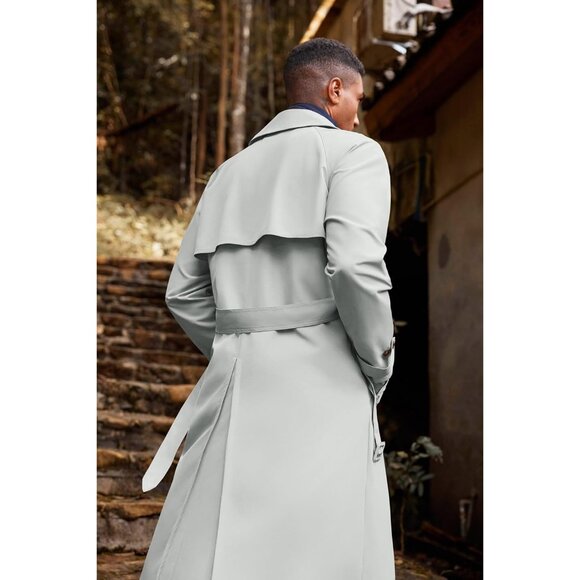 Mens Light Grey Double Breasted Belted Windbreaker Jackets Lapel Trench Coat - Picture 4 of 5